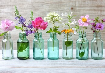 Aufkleber - Assorted Flowers in Glass Bottles Rustic Floral Display for Table Decoration and Home Decor : Generative AI