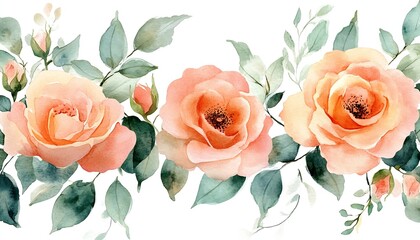 Poster - Elegant watercolor design featuring three exquisite pink roses beautifully arranged with lush green leaves : Generative AI