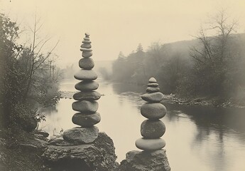 Poster - Vintage Stone Cairns River Scene Black and White  Tranquil Zen Balance Photography Landscape Meditation Nature Outdoors : Generative AI