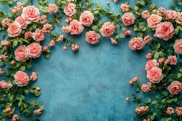 Poster - Pastel Pink Roses and Small Flowers on a Textured Blue Background Romantic Floral Arrangement : Generative AI
