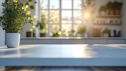 Aufkleber - Sunlit Kitchen Countertop with Green Plant Blurred Background Natural Light Home Decor Interior Design Cozy Home  : Generative AI