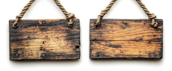 Poster - Two Rustic Wooden Signboards Hanging by Ropes Blank Wood Texture Vintage Styled Sign for Messaging or Advertisement : Generative AI
