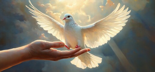 majestic white dove soaring from an open hand against a stunning celestial background : generative a