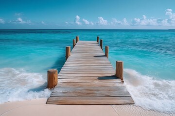 Aufkleber - Tranquil Ocean View from Wooden Pier Clear Turquoise Water White Sand Beach Peaceful Seascape Vacation Paradise Caribbean : Generative AI