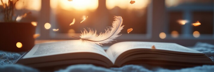 Poster - Feather gently descending onto an open storybook in a dreamy, warm atmosphere during golden hour light