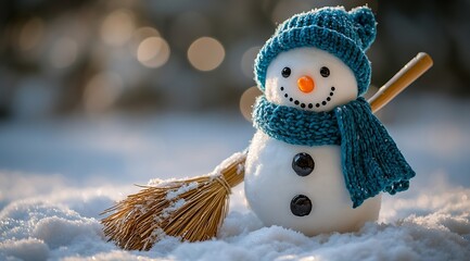 Poster - Charming Snowman with Blue Knit Hat and Scarf in Snowy Winter Scene Holiday Backdrop : Generative AI