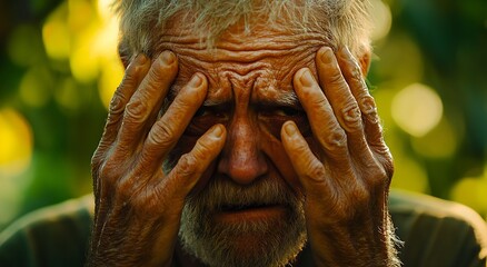 Aufkleber - Distressed elder man covering his face with hands against a vibrant backdrop of nature : Generative AI