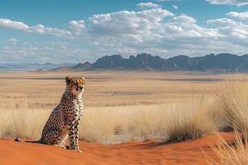 Aufkleber - Cheetah Sitting in the Desert with Mountains and Blue Sky in the Background Wildlife Photography in Africa : Generative AI