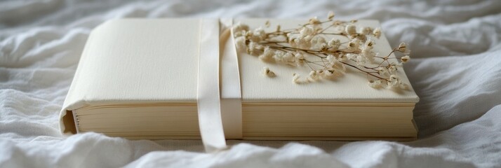 Poster - Cream-colored journal adorned with pressed flowers and a ribbon resting gently on soft white fabric, illuminated by warm, natural light in a tranquil setting