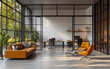 Aufkleber - Bright Modern Office Interior with Orange Couch and View of Greenery for Business and Design Concepts : Generative AI