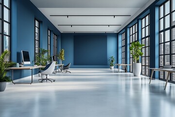 Fototapete - Modern Blue Office Interior with Large Windows and City View Minimalist Design Corporate Workspace Empty Office Creative Space : Generative AI