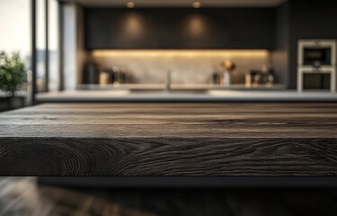 Aufkleber - Modern Kitchen Interior with Wood Countertop and Blurred Background Minimalist Home Design Dark Wood Tones Elegant Space : Generative AI