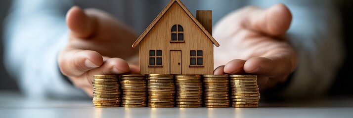Poster - Home Investment Security Safe Financial Future Concept Wooden House on Gold Coins Protected by Hands : Generative AI