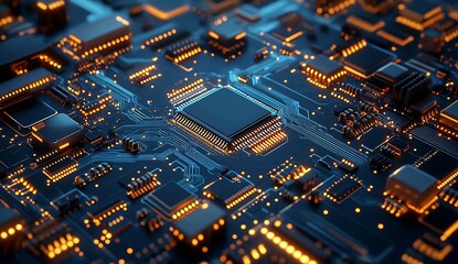 Aufkleber - Stunning close up of a futuristic microchip on a glowing circuit board with intriguing blue and orange lighting : Generative AI