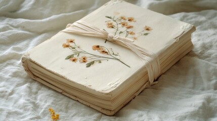 Poster - Cream-colored journal decorated with pressed flowers and a ribbon rests softly on a fabric surface, illuminated by gentle morning light