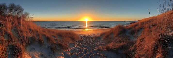 Fototapete - Golden Hour Sunset Over Lake Michigan with Sandy Beach and Dune Grass Landscape Photography : Generative AI