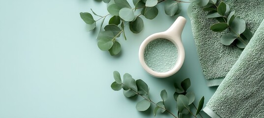Aufkleber - Modern Spa Composition Featuring Eucalyptus Leaves and Natural Spa Elements with Serenity : Generative AI
