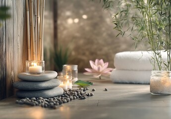 Poster - Spa and Wellness Retreat Serene Setting with Candles Towels and Lotus Blossom Relaxation Atmosphere : Generative AI