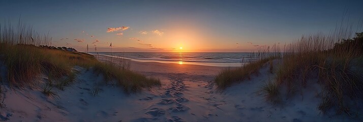 Aufkleber - Panoramic Beach Sunset with Golden Light and Sand Dunes Landscape at Dusk Coastal Scenery : Generative AI