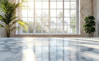 Aufkleber - Elegant Marble Countertop with Plant in Bright Interior Room with Sunlight Shining Through Window Minimalist Home Decor : Generative AI