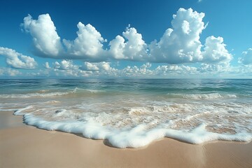 Poster - Ocean Waves and Sandy Beach on a Sunny Day with Cloudy Sky for Summer Vacation Coastal Scenery and Tropical Getaway Concepts : Generative AI