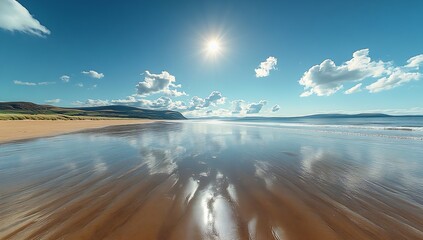 Aufkleber - Stunning Beach Scene with Sun Reflection on Wet Sand Clear Blue Sky and Distant Hills Perfect for Travel and Nature Photography : Generative AI