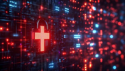 Leinwandbilder - Futuristic digital padlock representing health data security with vibrant neon lights : Generative AI