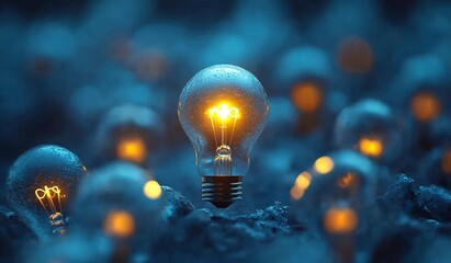 Poster - Glowing Light Bulbs in Deep Blue Haze Symbolizing Innovation Ideas and Creative Solutions for Modern Design : Generative AI