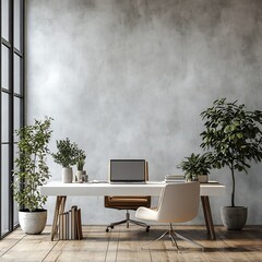 Poster - Modern Home Office Interior with Minimalist Desk Laptop Plants and Natural Light Near Window Frame : Generative AI