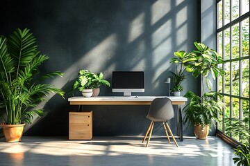Fototapete - Home Office Interior with Plants Desk and Modern Decor in Natural Light Inspiring Workspace : Generative AI