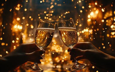 Poster - Celebrating with Champagne Toasting at Night Golden Bokeh Lights New Year Party Festive Mood Joyful Cheers Holiday Celebration : Generative AI