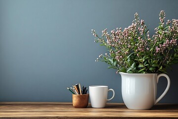 Leinwandbilder - Cozy Desk Scene with Flowers Coffee Cup and Pencils against a Teal Wall Ideal for Home Office or Study Mockups : Generative AI