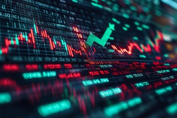 Fototapete - Stock Market Chart with Green Arrow Up  Financial Analysis and Investment Growth  Trading and Business Data Visualization : Generative AI