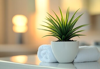 Poster - Indoor Plant Decor with White Towels Relaxing Spa Scene Peaceful Interior Design : Generative AI