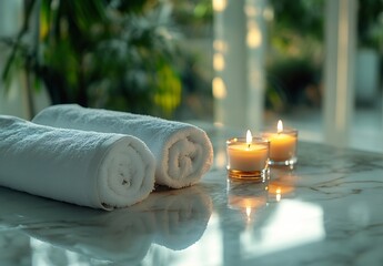 Aufkleber - Relaxing Spa Scene with Rolled Towels and Candlelight Promoting Wellness Tranquility and SelfCare Moments : Generative AI