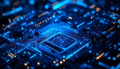 Aufkleber - Abstract close up of a glowing blue circuit board with lights and intricate patterns in modern technology imagery : Generative AI