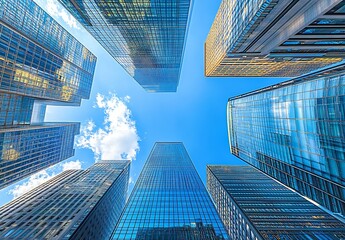 Poster - Breathtaking View of Modern Glass Skyscrapers Reaching Up Towards a Vibrant Blue Sky : Generative AI