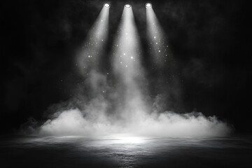 Poster - Mysterious Black and White Stage with Spotlights and Fog Creative Arts Performance Venue Background Texture : Generative AI