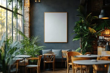 Aufkleber - Cozy Cafe Interior with Blank Frame Lush Plants and Warm Lighting for Interior Design and Restaurant Mockups and Space Promotion : Generative AI