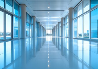 Poster - Modern Office Building Interior with Blue Columns and Glass Walls Perspective View and Reflections : Generative AI