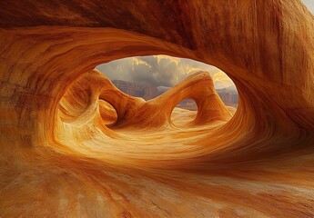 Poster - Enchanting vista of sweeping sandstone tunnels and waves set against a dramatic sky in a remote canyon : Generative AI