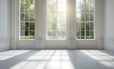 Aufkleber - Bright Empty Room with Large Windows Sunlight Streaming Through Elegant Interior Design Minimalist Space with Natural Light : Generative AI