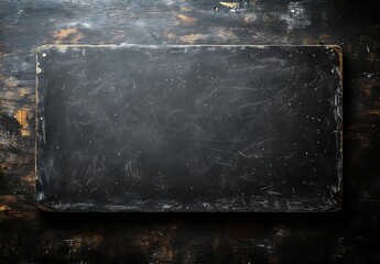 Poster - Rustic Black Chalkboard on Dark Wood Surface with Grunge Texture for Presentation and Creative Display : Generative AI