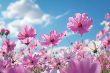 Poster - Beautiful Pink and White Cosmos Flowers Blooming in a Field Under a Bright Blue Sky Summer Floral Scenery : Generative AI