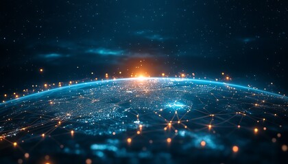 Fototapete - Global Connection Network Technology Visualization with Light Trails Digital Communication Data Exchange Earth Futuristic Overview : Generative AI