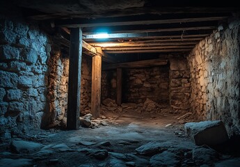 Aufkleber - Dark and Atmospheric Basement Scene with Exposed Stone and Wooden Beams Lighting the Corner : Generative AI