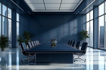 Fototapete - Modern Corporate Conference Room with Large Table City View Elegant Design Business Meeting Space Office Interior : Generative AI