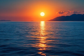 Aufkleber - Serene Sunset Over Ocean with Golden Light Reflections Calm Water and Silhouette of Mountains for a Peaceful Scene : Generative AI
