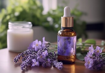 Poster - Tranquil lavender essential oil in elegant packaging alongside calming floral accents : Generative AI