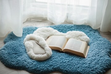 Aufkleber - Cozy corner with cloud-shaped rug, slippers, and open book creating a serene reading space